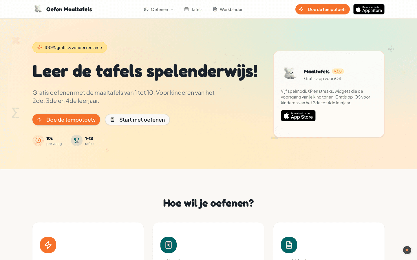 Oefenmaaltafels.be: Landing page for Table Champion / Maaltafelkampioen.