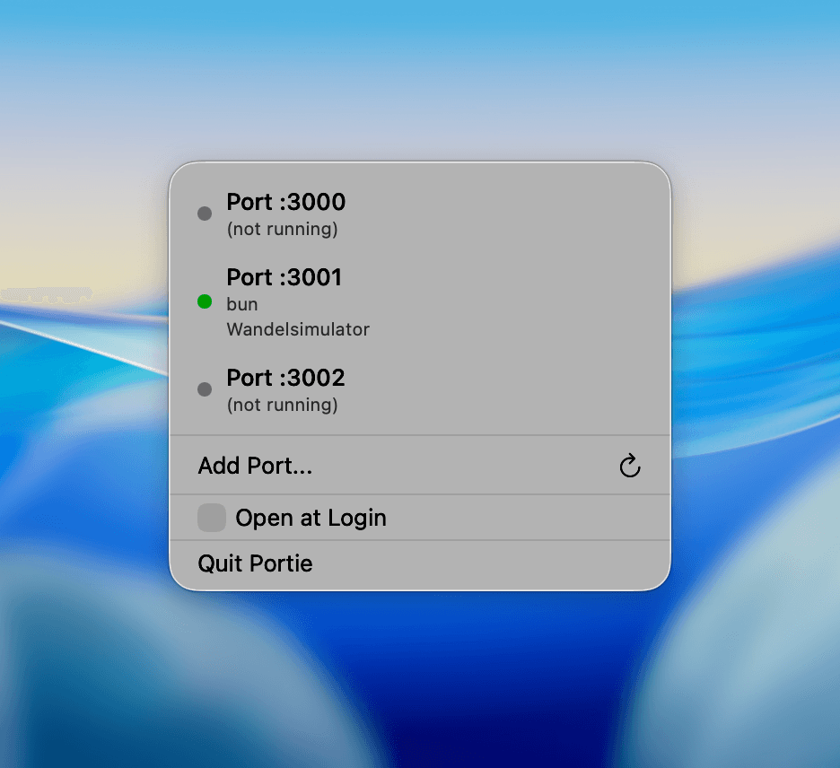 Portie: A macOS menu bar app for monitoring localhost ports.